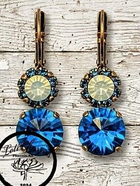 Aquamarine Blue & Pacific Opal Flower By Swarovski In Drop Down Brass Earrings